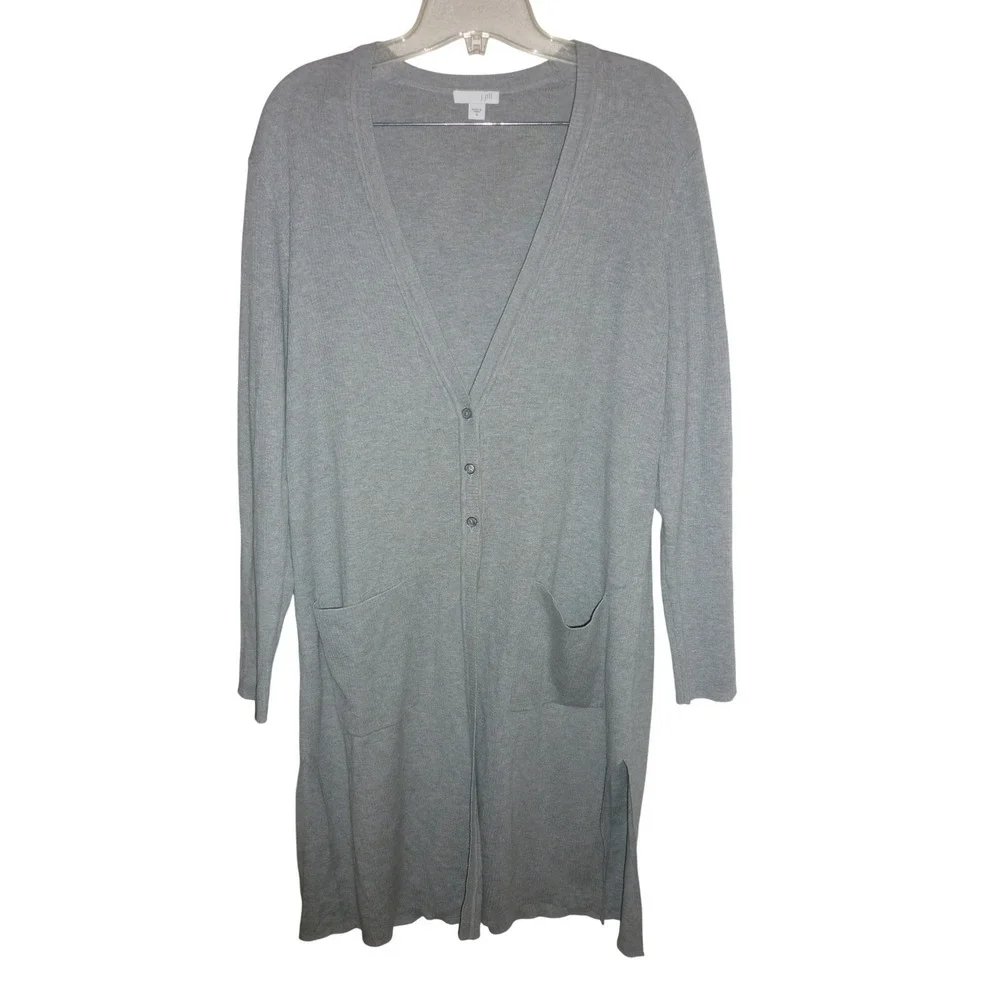 J.‎ Jill Gray Cotton Silk Blend Longline Button Front Cardigan Sweater Womens M